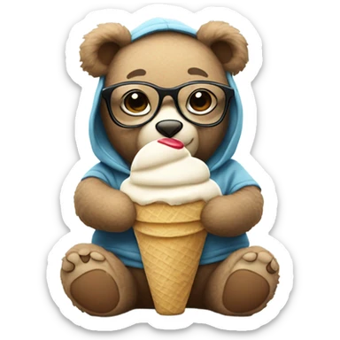 Cuddly teddy bear with glasses and hoodie eating ice cream  sticker