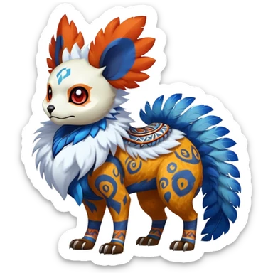 Furry cute colorful exotic tribal feral anime-styled Fakémon-Pokémon-animal-creature with a white skull-face, and blue feathers around neck, with long furry ears, long furry tail, 4 legs, (full body), with intricate pattern-markings sticker