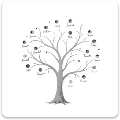 Hand-drawn ethereal family tree with delicate flowing lines connecting ancestor circles, dreamy watercolor-like effects sticker