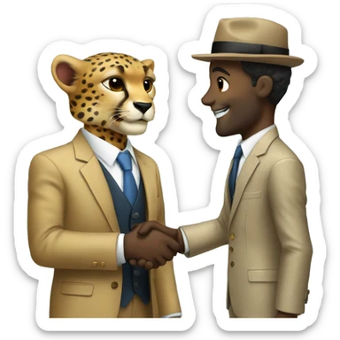 A cheetah in a classic suit shakes hands with a man  sticker