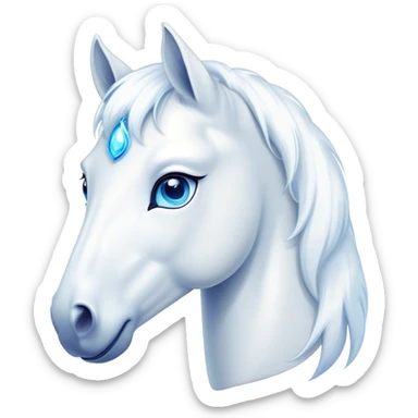 Cinematic Cute White Horse Portrait Emoji, Head tilted playfully and inquisitively, showcasing a glossy white fur with a luminous sheen and gentle, expressive blue eyes, Simplified yet irresistibly adorable features, highly detailed, glowing with a warm, friendly glow, high shine, affectionate and spirited, stylized with a touch of whimsy, bright and endearing, soft glowing outline, capturing the essence of a mischievous yet loving horse, so playful it feels like it could prance out of the screen and into your arms! sticker
