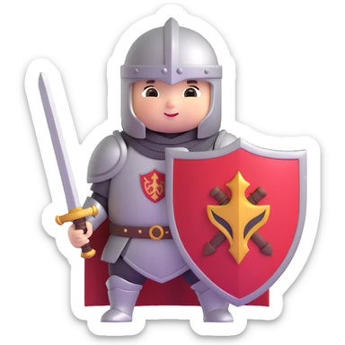 3D emoji style adorable chubby baby knight holding a sword and shield sticker
