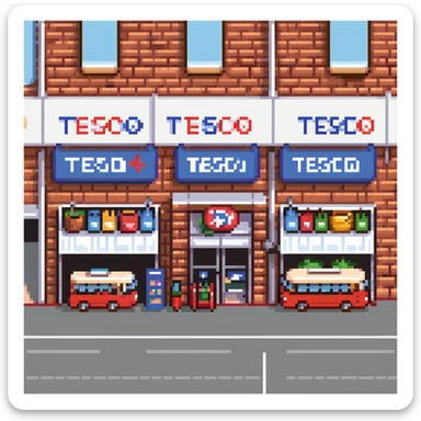 Isometric view of a British supermarket building with red brick facade, Tesco-style signage, shopping trolleys, and small parking area with double-decker bus visible sticker