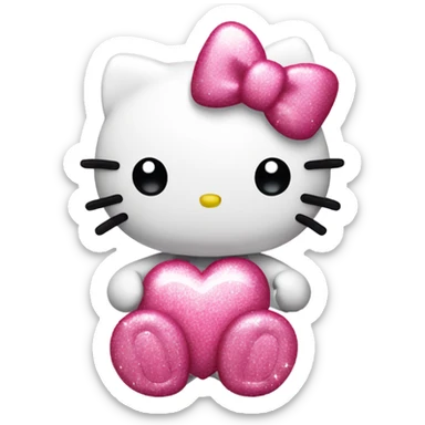 pink hello kitty with sparkles holding a heart sticker