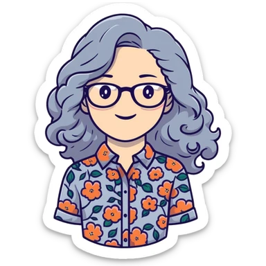 Hippie woman with long curly flowing gray hair and glasses wearing floral shirt sticker