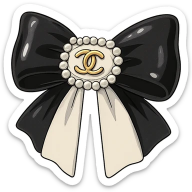 elegant bow with pearls and gold Chanel logo, glossy, black and white sticker