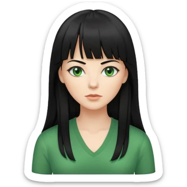 A white woman with Long straight hair with bangs, black hair, green eyes and a low-cut shirt sticker