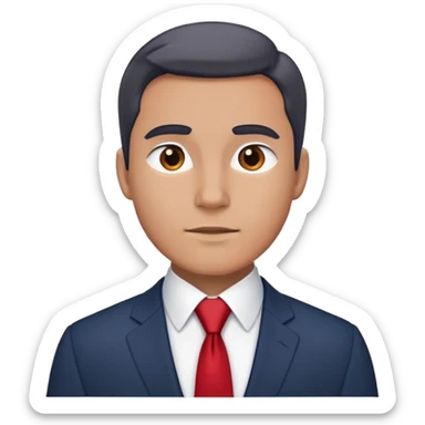 man wearing a dark blue-gray business suit with a white shirt and a red tie sticker