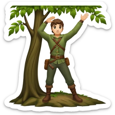 full body forest rogue man, from behind leaning against tree, one arm raised, leaf shadows on back sticker