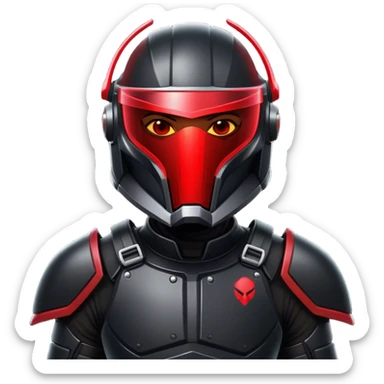 A futuristic bounty hunter in sleek black armor, glowing red visor in the dark sticker