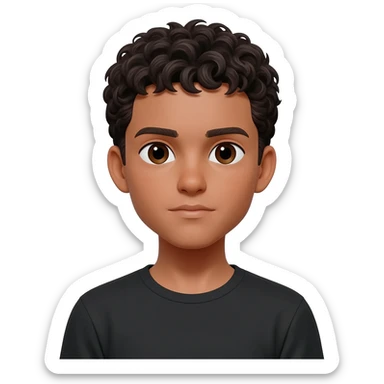A white boy with lightly tanned skin, short, dark curly hair, and dark brown eyes, wearing a black T-shirt. sticker