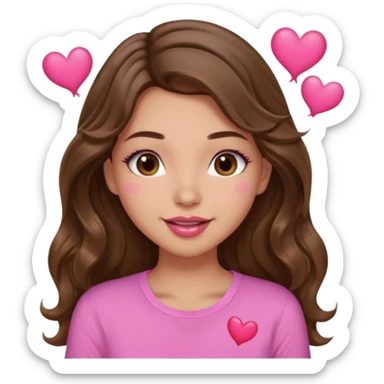 girl with long wavy brown hair, brown eyes, light to medium complexion, in a pink shirt, pink lips, long lashes, sexy , puckering lips kissing, blushing with hearts sticker