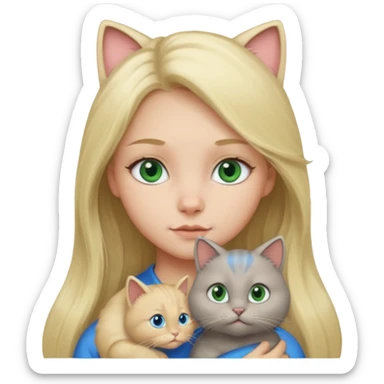 blonde girl with long blonde hair and blue eyes with chubby gray cat with big green eyes sticker