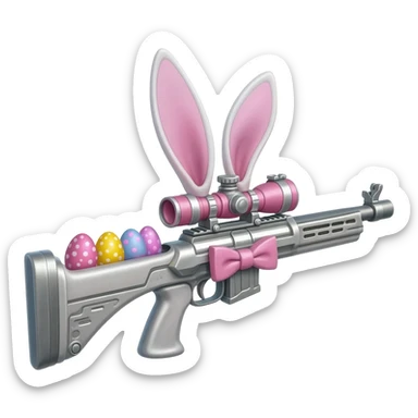 easter theme sniper rifle like with bunny ears and eggs and pink and a tie bow sticker