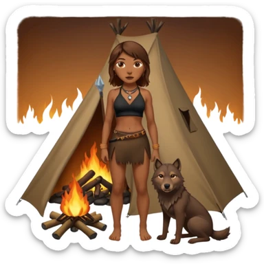 a NEANDERTHAL WOMAN WITH BROWN HAIR STANDING BY A FIRE AND TENT WITH BLACK WOLF HALTER TOP sticker