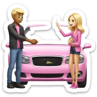 boy buying blonde girl pink car sticker