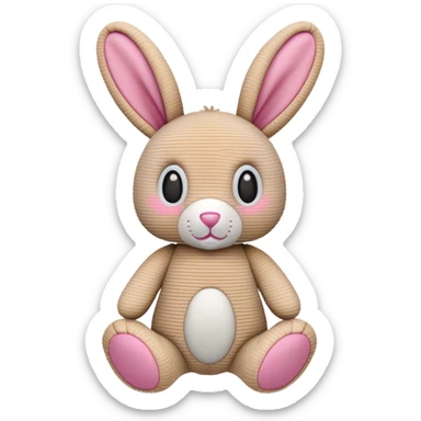 A corduroy bunny rabbit toy in a beige/brown colour,it’s left ear is half missing but the fabric has been sown up ands it’s left eye has gone it has a pink triangle nose and the inside of its slightly floppy ears is pink as well  sticker