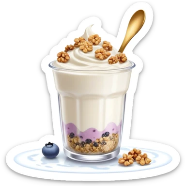 Mystical floating Greek yogurt cup with magical protein granola and glowing chia seeds, surrounded by sparkles and celestial aura sticker