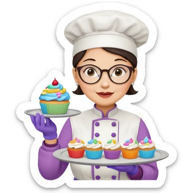 Older female pastry chef – round glasses, oven mitts on, holding a tray of cupcakes

 sticker