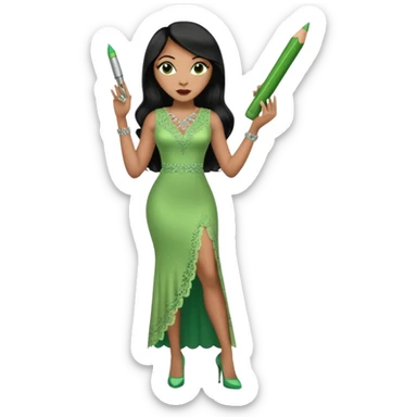 A plus-size light-skinned Black woman is wearing makeup. She has long, straight, waist-length black hair and is wearing a green sleeveless dress with rhinestones and lace and a low neckline. She is standing in green high heels and is holding a crayon in one hand, with the other hand raised. sticker