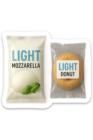 PACCHTTO DI MOZZARELLA LIGHT CON LA SCRITTA "LIGHT" SULLA CONFEZIONE, ACCANTO AD UN DONUT CONFEZIONATO CON LA SCRITTA "LIGHT" SULL'ETICHETTA,  iperrealistico 4k sticker