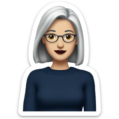 Attractive Caucasian woman with long straight grey hair worn over one shoulder,  wearing wire frame glasses, dark red lipstick, and a navy blue sweater, she has French facial features with a slightly upturned nose sticker