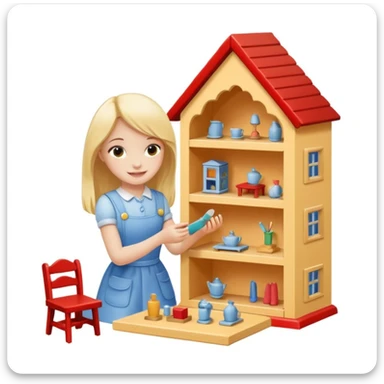 smiling girl arranging furniture in doll house sticker