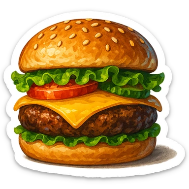 В слега рисованном, но при этом ярком и объемном стиле сгенерируй картинку сочного американского бургера, профессионально выставленный свет, который подчеркивает объем, прозрачный фон sticker