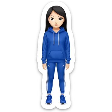A pretty white/asian tanned girl with medium long strait dark brown almost black hair wearing a royal blue hoodie and leggings with adidas sambad sticker