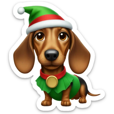 Daschund dog wearing a green and red elf outfit sticker