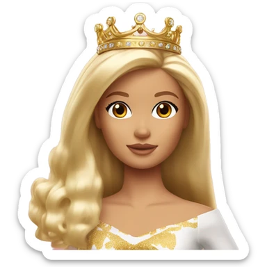 Blonde Barbie with bangs and long hair and hazel eyes wearing a gold crown sticker