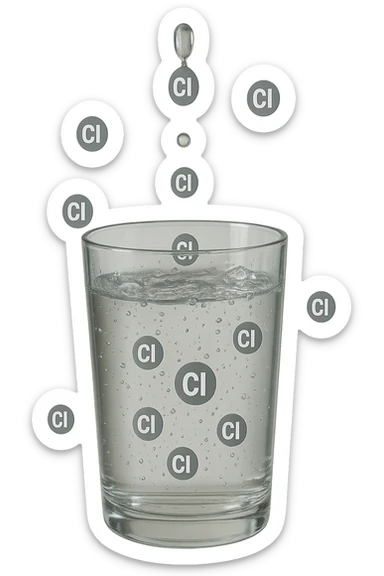 un bicchiere di acqua cade verticalmente dall'alto realistico e dettagliato, dentro l'acqua del bicchiere ci sono particelle di cloro ben visibili con la scritta "Cl" sopra, ci sono particelle anche che escono dal bicchiere e fluttuano in aria verticalmente, mentre alcune sono all'interno dell'acqua nel bicchiere, iperrealistico 4k sticker