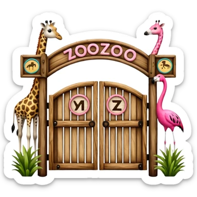 wooden zoo entrance gate with the word 'zoo' on top, featuring a giraffe, panda, zebra, and flamingo, natural hand-crafted emoji style, not AI-generated sticker