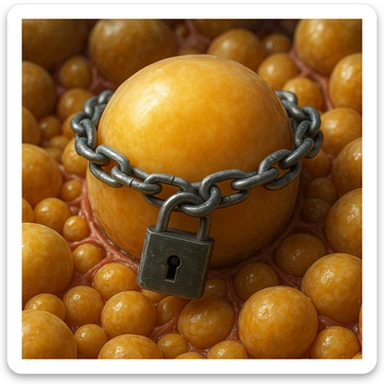 adipocyte in adipose tissue surrounded by chains and padlock, hyper realistic 4K, cellular details, scientific atmosphere, realistic colors sticker