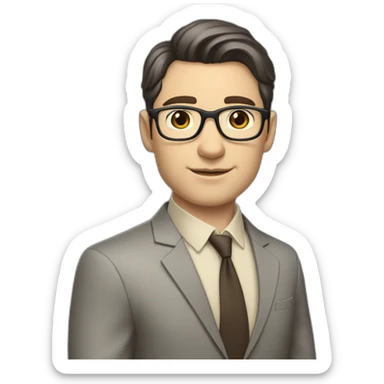 Full height Pale skinned Fit Man With dark brown hair in classic gray suit, beige office shirt, dark gray tie, and vintage glasses. His palms lock sticker