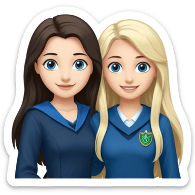 a pretty ravenclaw girl with long dark brown hair and blue eyes standing with a hot Slytherin girl with long blonde hair, blue eyes and big boobs  sticker