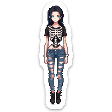 black-haired, blue-eyed person wearing a black skeleton top and ripped black jeans sticker