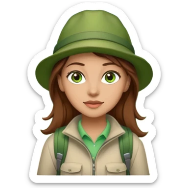 woman hiking in the woods in the sunshine. light face and green eyes. wearing a hat, brown hair sticker