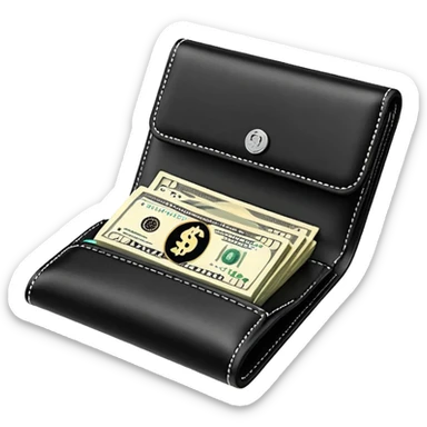 Rich emoji style black leather wallet with dollar bills, luxury money vibe, premium 3D emoji, ultra clean, high detail, no background
 sticker