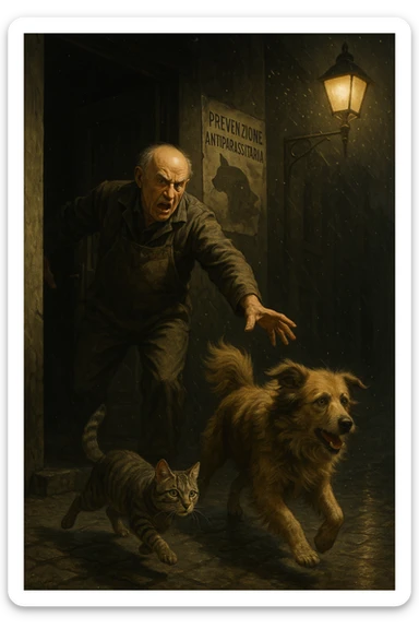Un uomo anziano in tuta da lavoro, con espressione arrabbiata, butta fuori i suoi animali con aperta la porta di casa mentre il suo cane (un meticcio a pelo lungo) e il gatto (soriano) scappano nella strada buia sotto la pioggia. Particelle di polvere/pulci fluttuano nell'aria illuminata dal lampione. Sullo sfondo, un poster strappato del veterinario con scritto 'Prevenzione antiparassitaria'. Stile fotorealistico, illuminazione Caravaggesca, toni grigi e ocra. in italiano sticker