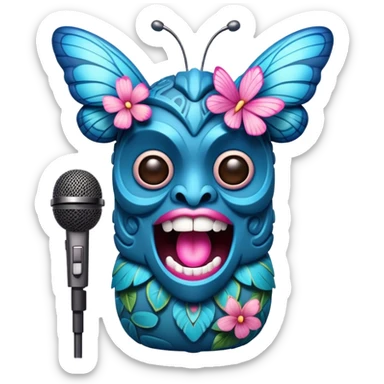 Pixar style little Cartoon Blue and pink tiki singing with a butterfly and in the microphone, ultra detailed and lifelike imagery sticker