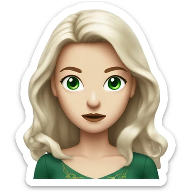 Rich woman, red long hair,  pale-skin, emerald green-eyes, angry sticker