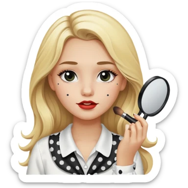 niña rubia con pelo largo y blusa blanca con lunares y maquillandose sticker