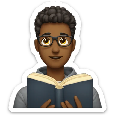 joven estudiante sentado sobre sus libros que son muchos y con un libro en sus manos y sobre su cabeza sticker