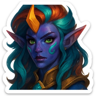 close-up portrait of a League of Legends inspired character face with unique features, fantasy style, vibrant colors sticker