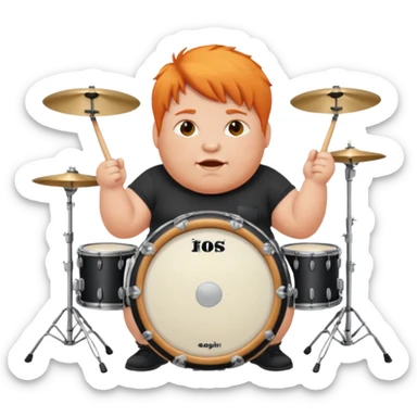 A chubby orange hair fan pounding a bass drum, cheeks puffing with energy. sticker