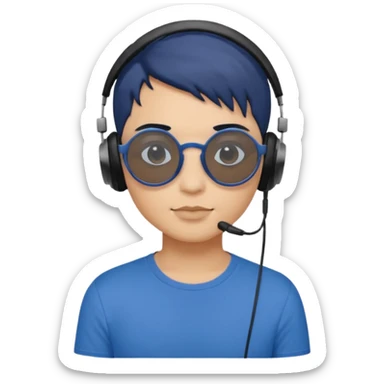 Light Brown Skin Dark Blue Haired Gray Eyes Circle Shaped Shades Black Colored Squareded Ears Headphones Short Haired Black Lips Blue Shirt  sticker