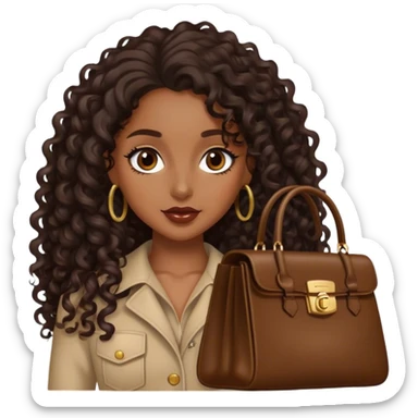 Rich dark brown girl with dark brown long curly hair expensive bags  sticker