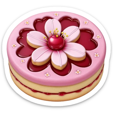 Realistic shortbread cookie in the shape of a cherry blossom with pale pink color jelly middle filling and sprinkled powder sugar on top. sticker
