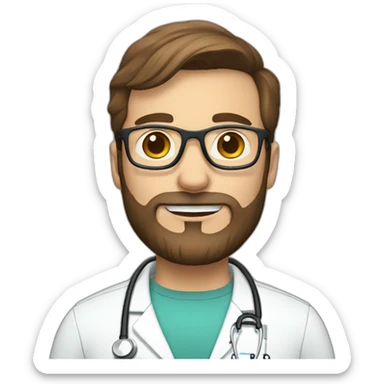 white doctor with short brown hair, big forehead, glasses and beard sticker